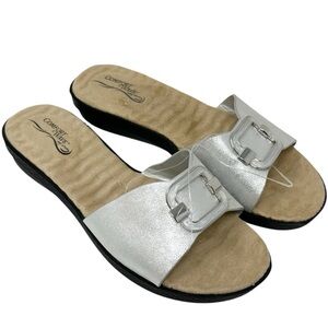 NEW Easy Street Sunshine Silver Metallic Slip On Slides Sandals Womens 8W Wide
